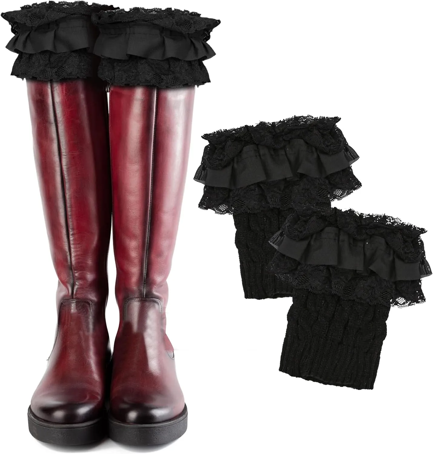 1 Pair of Womens Knit Boot Cuff Socks – Crochet Lace Trim Leg Warmers Toppers, Short Stretch Knitted Cuffs for Women, Solid Color Winter Warm Cuff Topper Gift (Black)