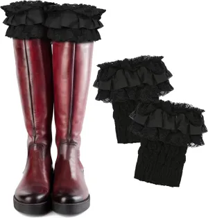 1 Pair of Womens Knit Boot Cuff Socks – Crochet Lace Trim Leg Warmers Toppers, Short Stretch Knitted Cuffs for Women, Solid Color Winter Warm Cuff Topper Gift (Black)