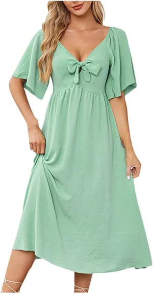 2025 Summer Dress for Women Casual Short Sleeve Bow Tie V Neck Ruffle Midi Flowy Smocked Boho Dresses Beach Sundress