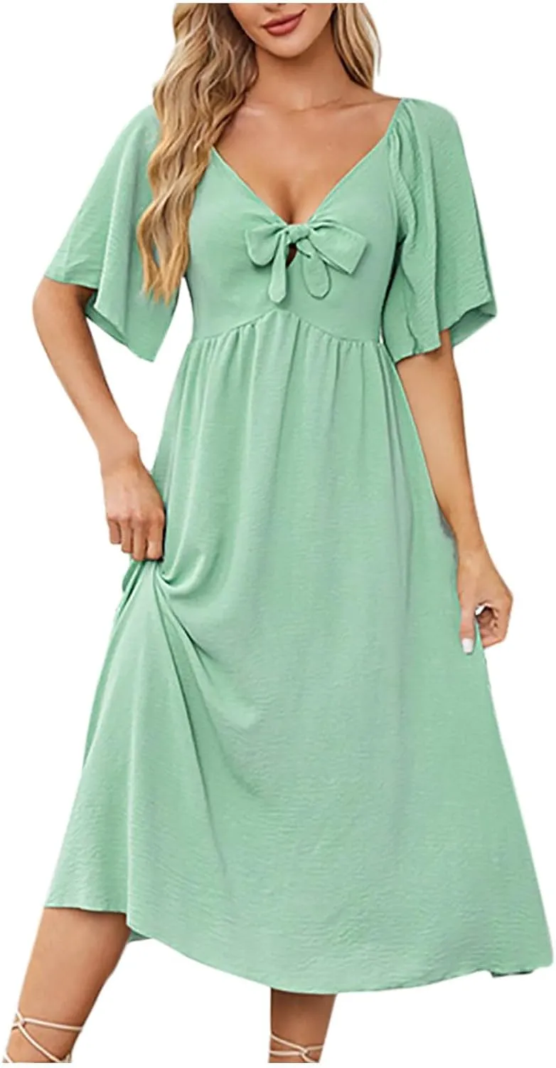 2025 Summer Dress for Women Casual Short Sleeve Bow Tie V Neck Ruffle Midi Flowy Smocked Boho Dresses Beach Sundress