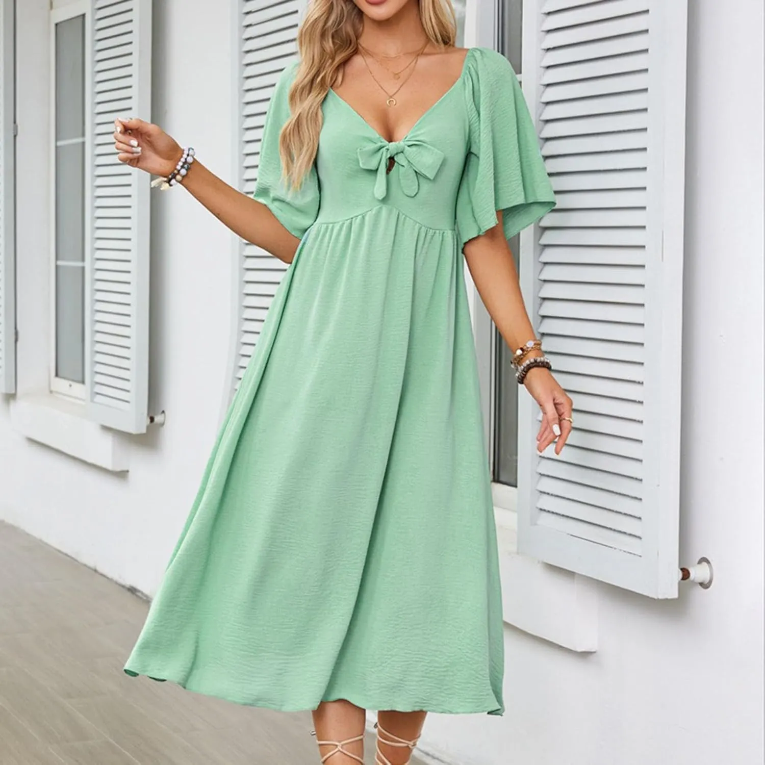 2025 Summer Dress for Women Casual Short Sleeve Bow Tie V Neck Ruffle Midi Flowy Smocked Boho Dresses Beach Sundress