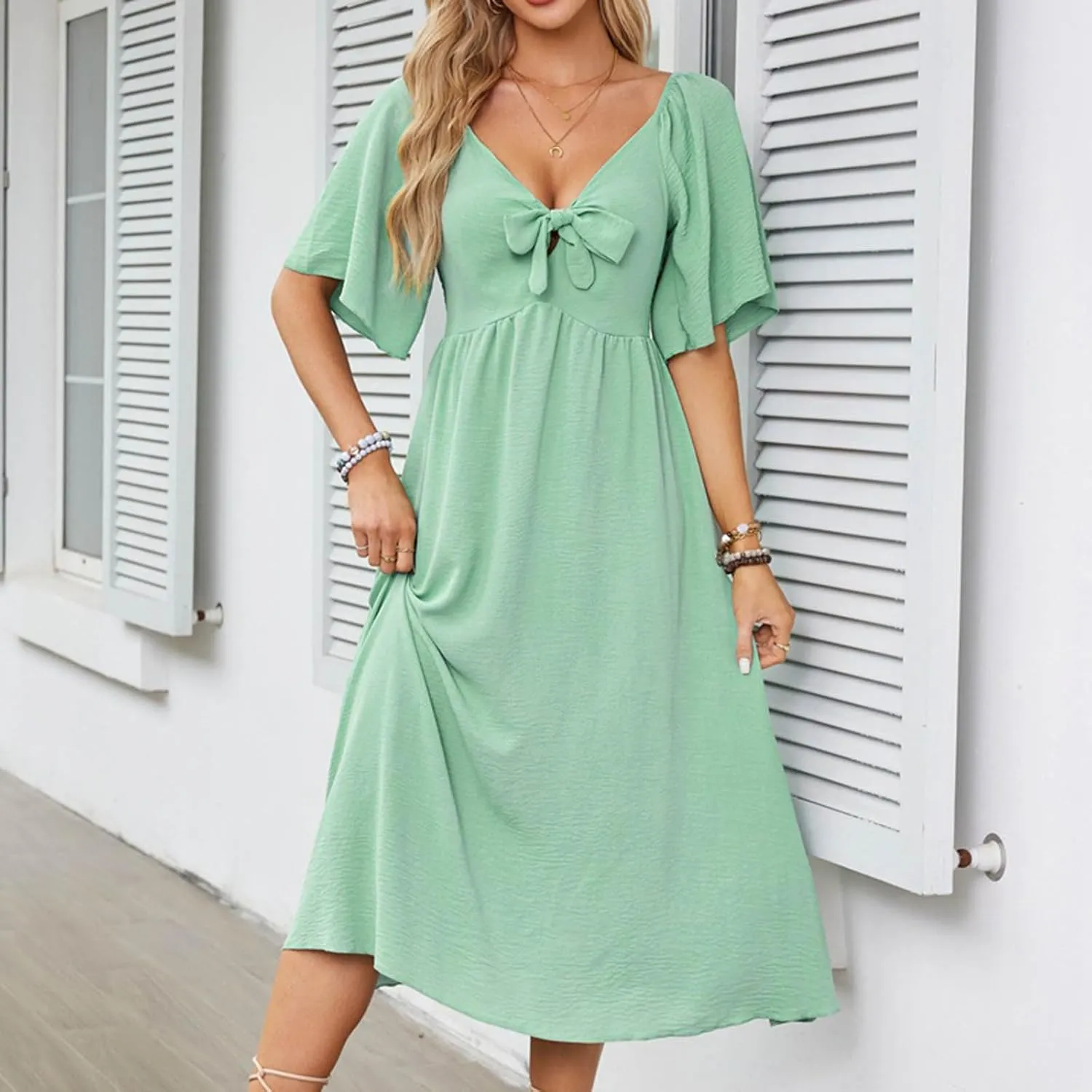 2025 Summer Dress for Women Casual Short Sleeve Bow Tie V Neck Ruffle Midi Flowy Smocked Boho Dresses Beach Sundress