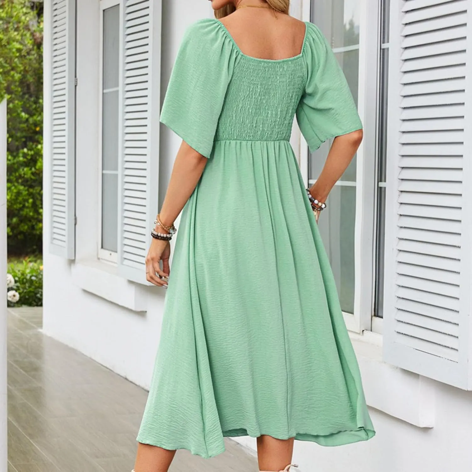 2025 Summer Dress for Women Casual Short Sleeve Bow Tie V Neck Ruffle Midi Flowy Smocked Boho Dresses Beach Sundress