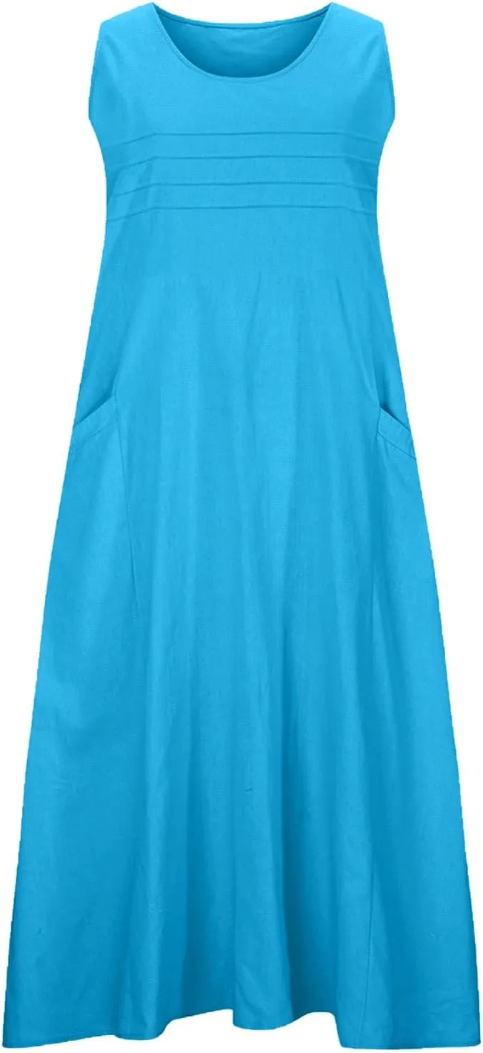 2025 Summer Dresses Women Cotton Linen Tank Dress Maxi Long Pleated Sleeveless Flowy Swing Beach Sundress Pockets