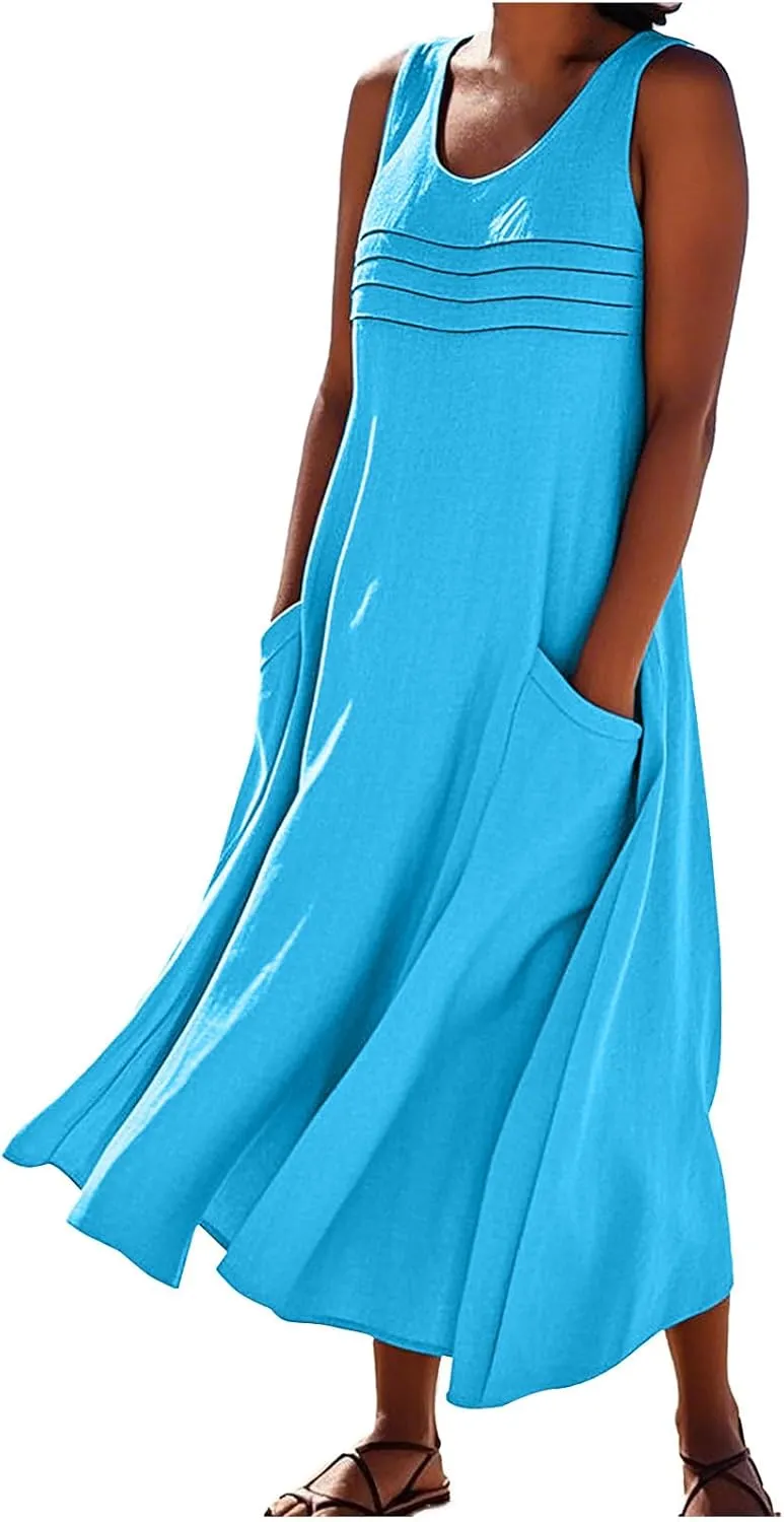 2025 Summer Dresses Women Cotton Linen Tank Dress Maxi Long Pleated Sleeveless Flowy Swing Beach Sundress Pockets