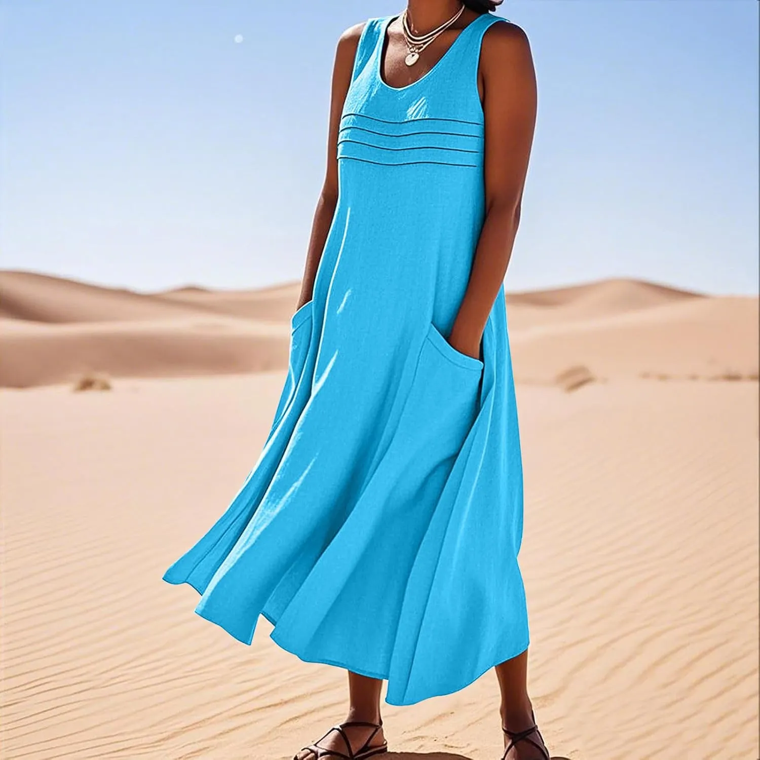 2025 Summer Dresses Women Cotton Linen Tank Dress Maxi Long Pleated Sleeveless Flowy Swing Beach Sundress Pockets