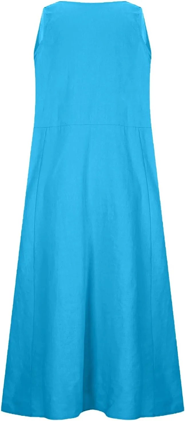 2025 Summer Dresses Women Cotton Linen Tank Dress Maxi Long Pleated Sleeveless Flowy Swing Beach Sundress Pockets