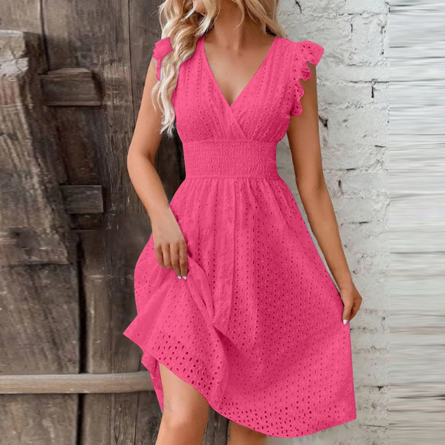 2025 Summer Dresses Women's Eyelet Lace Embroidered Smocked Waist Flutter Sleeve A Line Midi Dress Beach Sundress