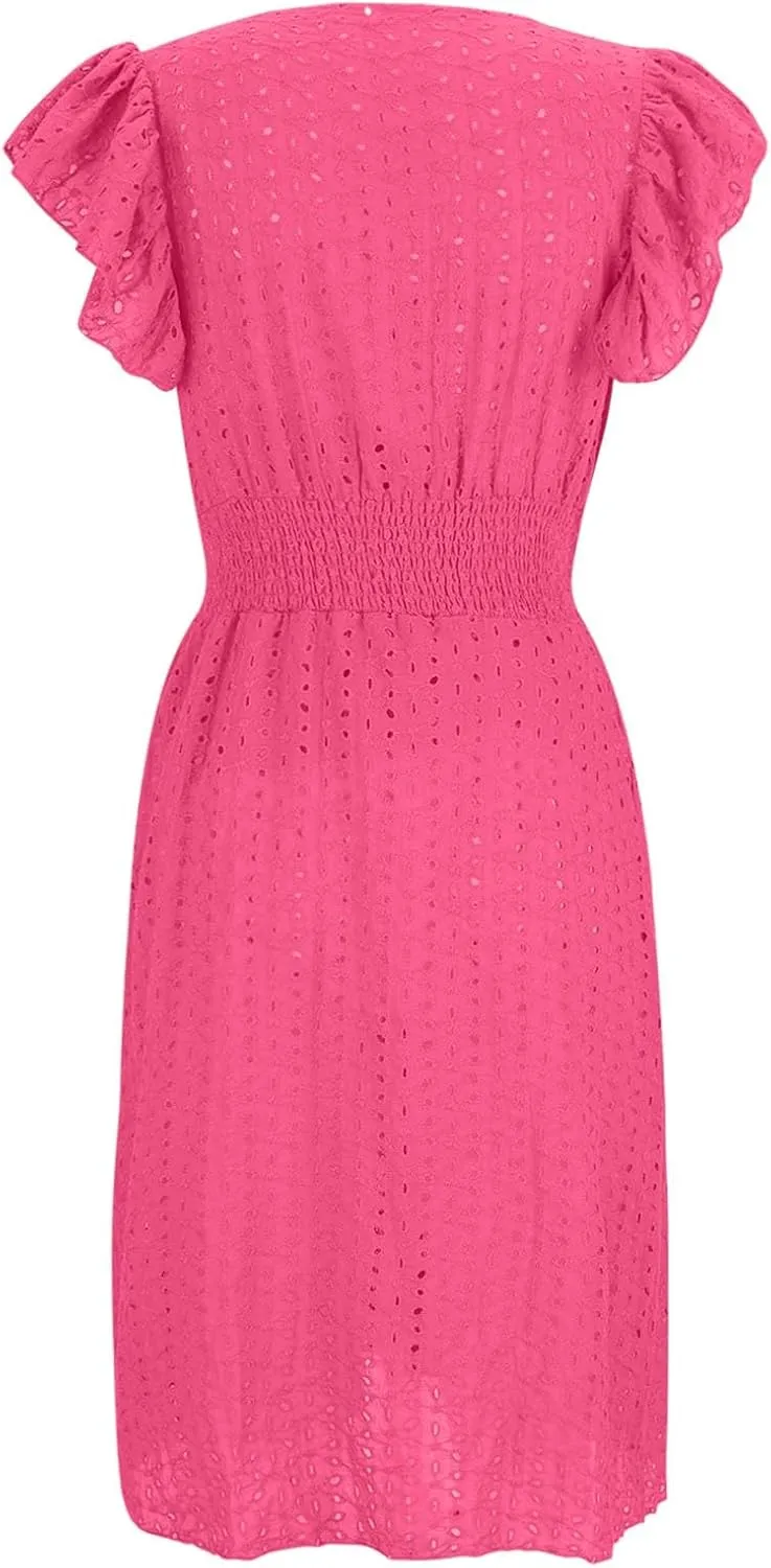 2025 Summer Dresses Women's Eyelet Lace Embroidered Smocked Waist Flutter Sleeve A Line Midi Dress Beach Sundress