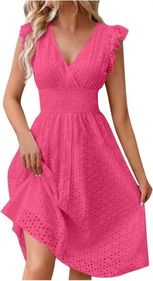 2025 Summer Dresses Women's Eyelet Lace Embroidered Smocked Waist Flutter Sleeve A Line Midi Dress Beach Sundress