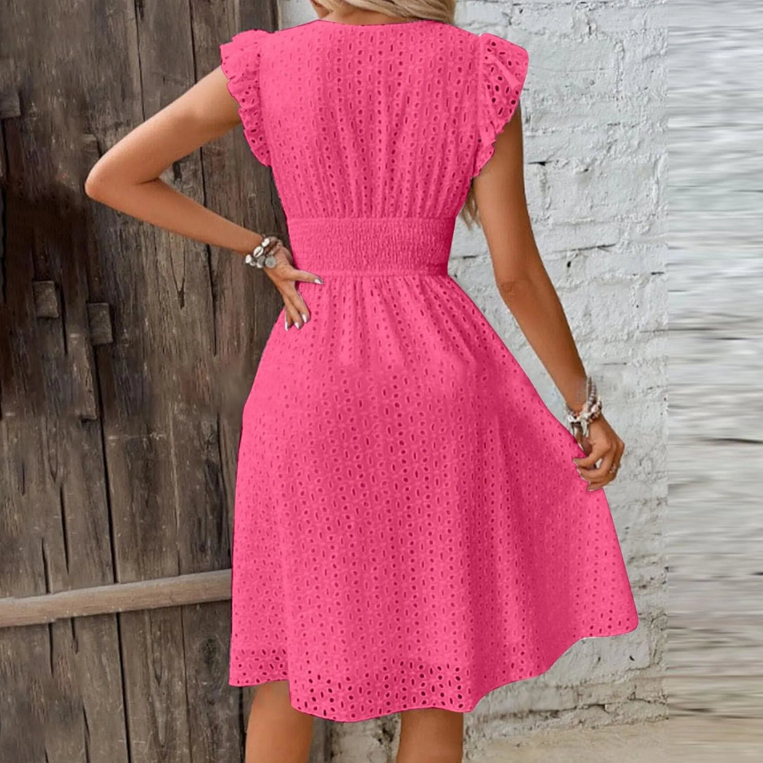 2025 Summer Dresses Women's Eyelet Lace Embroidered Smocked Waist Flutter Sleeve A Line Midi Dress Beach Sundress