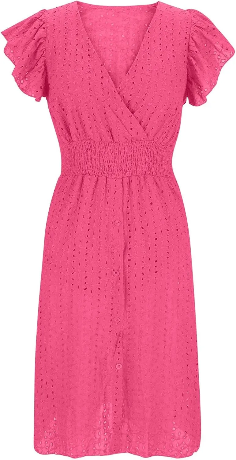 2025 Summer Dresses Women's Eyelet Lace Embroidered Smocked Waist Flutter Sleeve A Line Midi Dress Beach Sundress