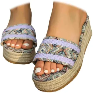 2025 Women's Ethnic Style Thick Sole Woven Holiday Slippers, Hemp Rope Platform Slippers, Boho Ladies Braided Slippers, Flatform Open Toe Beach Sandals