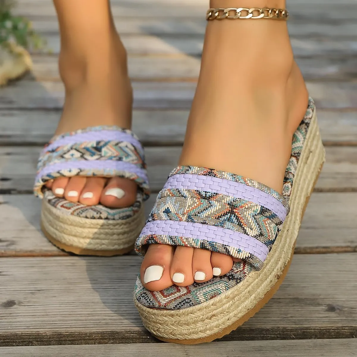 2025 Women's Ethnic Style Thick Sole Woven Holiday Slippers, Hemp Rope Platform Slippers, Boho Ladies Braided Slippers, Flatform Open Toe Beach Sandals