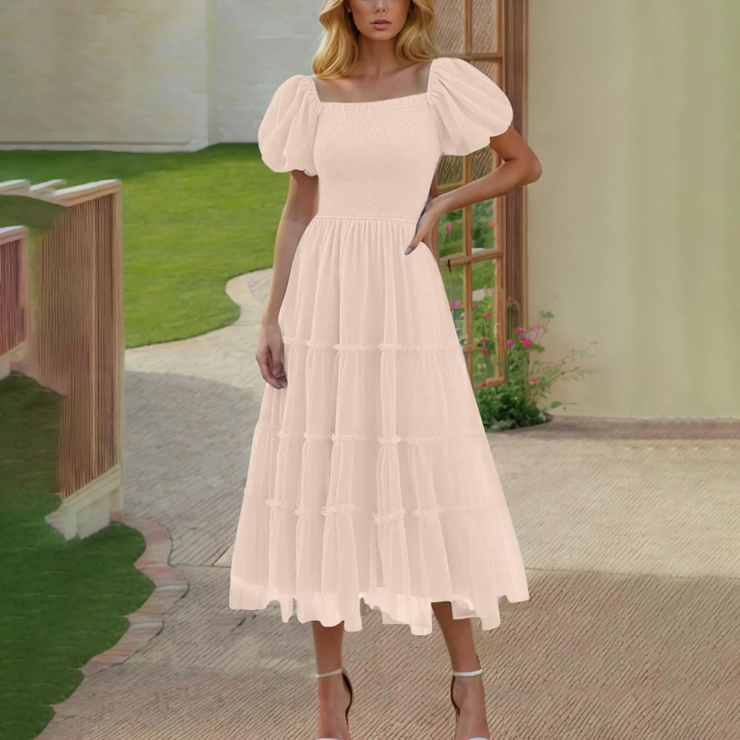 2025 Womens Smocked Midi Tulle Dress Summer Puff Short Sleeve Square Neck Tiered Ruffle Wedding Guest Party Dresses