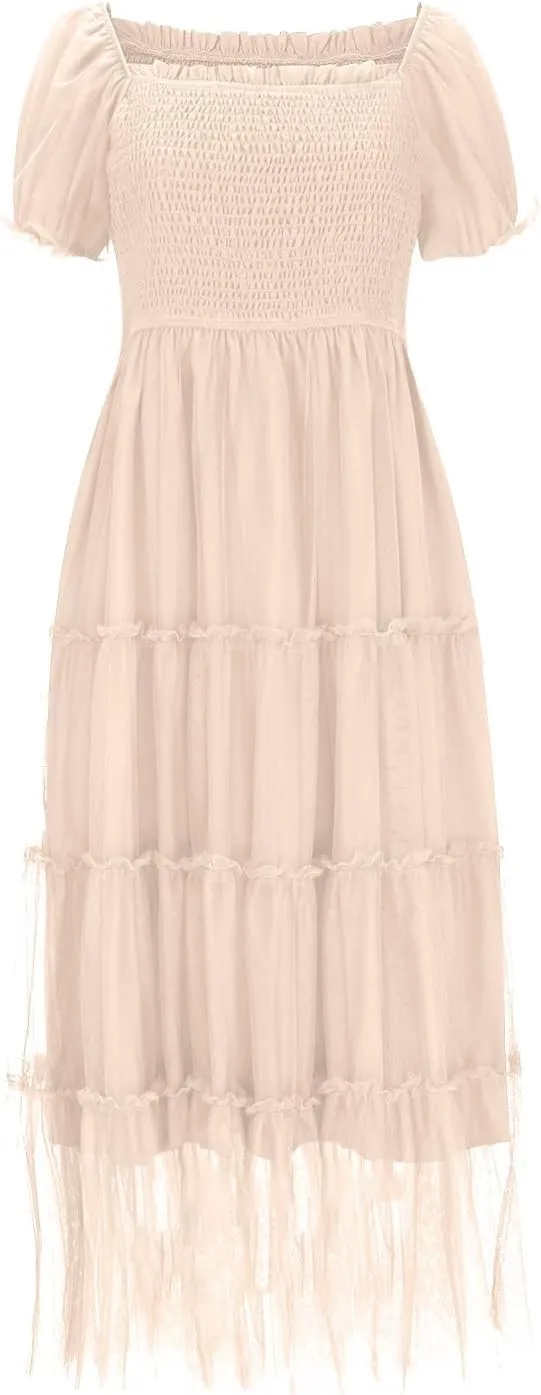 2025 Womens Smocked Midi Tulle Dress Summer Puff Short Sleeve Square Neck Tiered Ruffle Wedding Guest Party Dresses