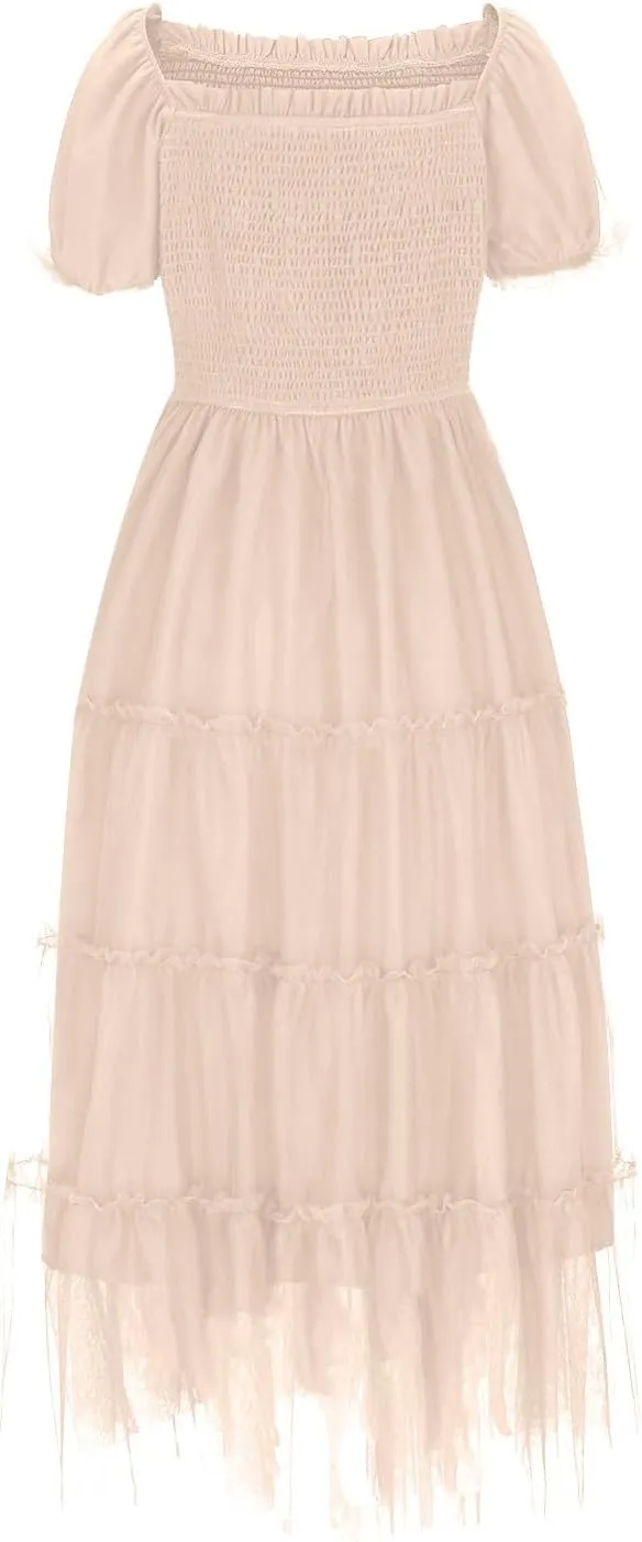 2025 Womens Smocked Midi Tulle Dress Summer Puff Short Sleeve Square Neck Tiered Ruffle Wedding Guest Party Dresses