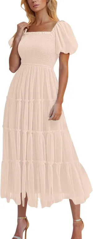 2025 Womens Smocked Midi Tulle Dress Summer Puff Short Sleeve Square Neck Tiered Ruffle Wedding Guest Party Dresses