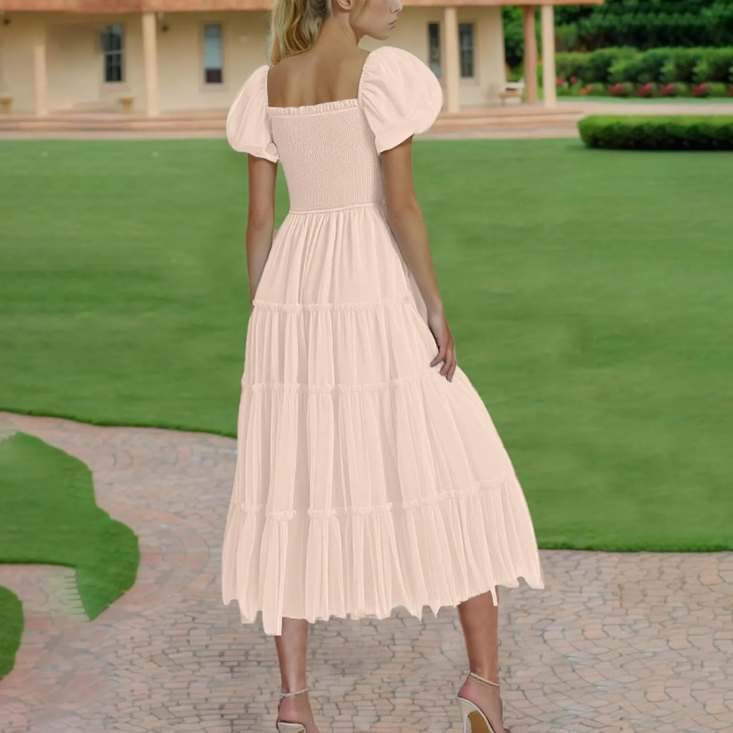 2025 Womens Smocked Midi Tulle Dress Summer Puff Short Sleeve Square Neck Tiered Ruffle Wedding Guest Party Dresses