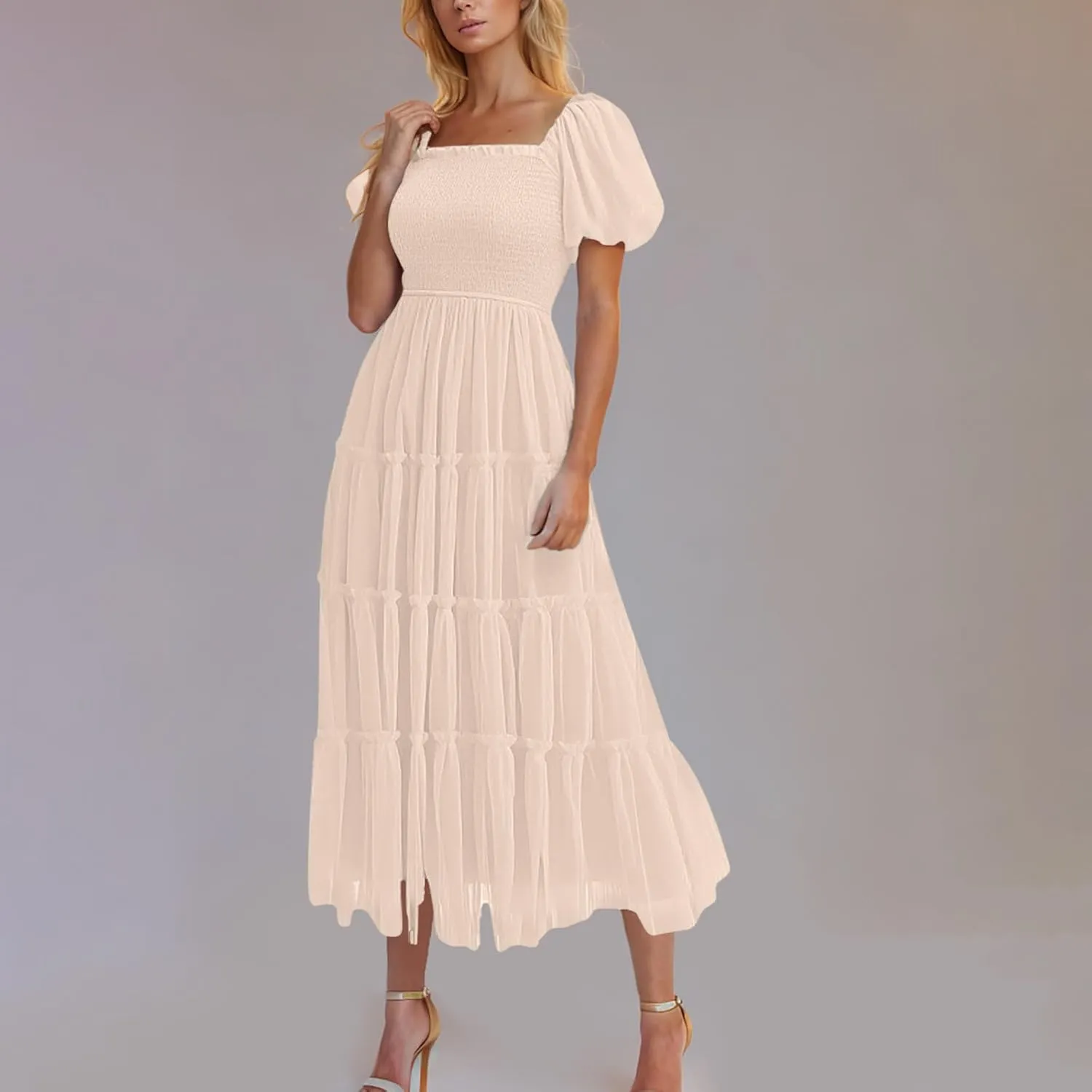 2025 Womens Smocked Midi Tulle Dress Summer Puff Short Sleeve Square Neck Tiered Ruffle Wedding Guest Party Dresses