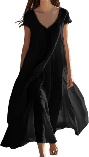 2025 Womens Summer Cotton Linen Dresses Tiered Casual Short Sleeve Flowy V-Neck Dress Maxi Long Beach Sundress