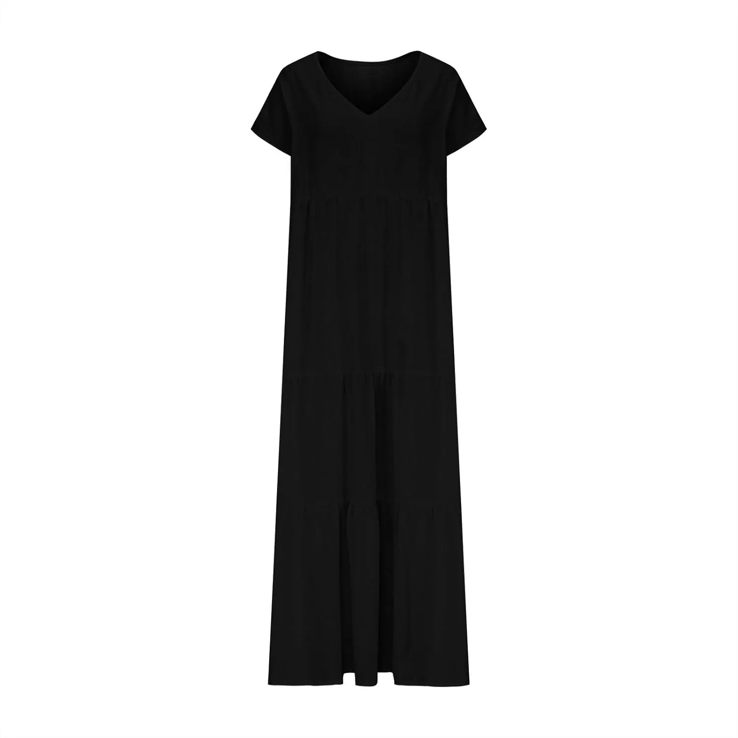 2025 Womens Summer Cotton Linen Dresses Tiered Casual Short Sleeve Flowy V-Neck Dress Maxi Long Beach Sundress