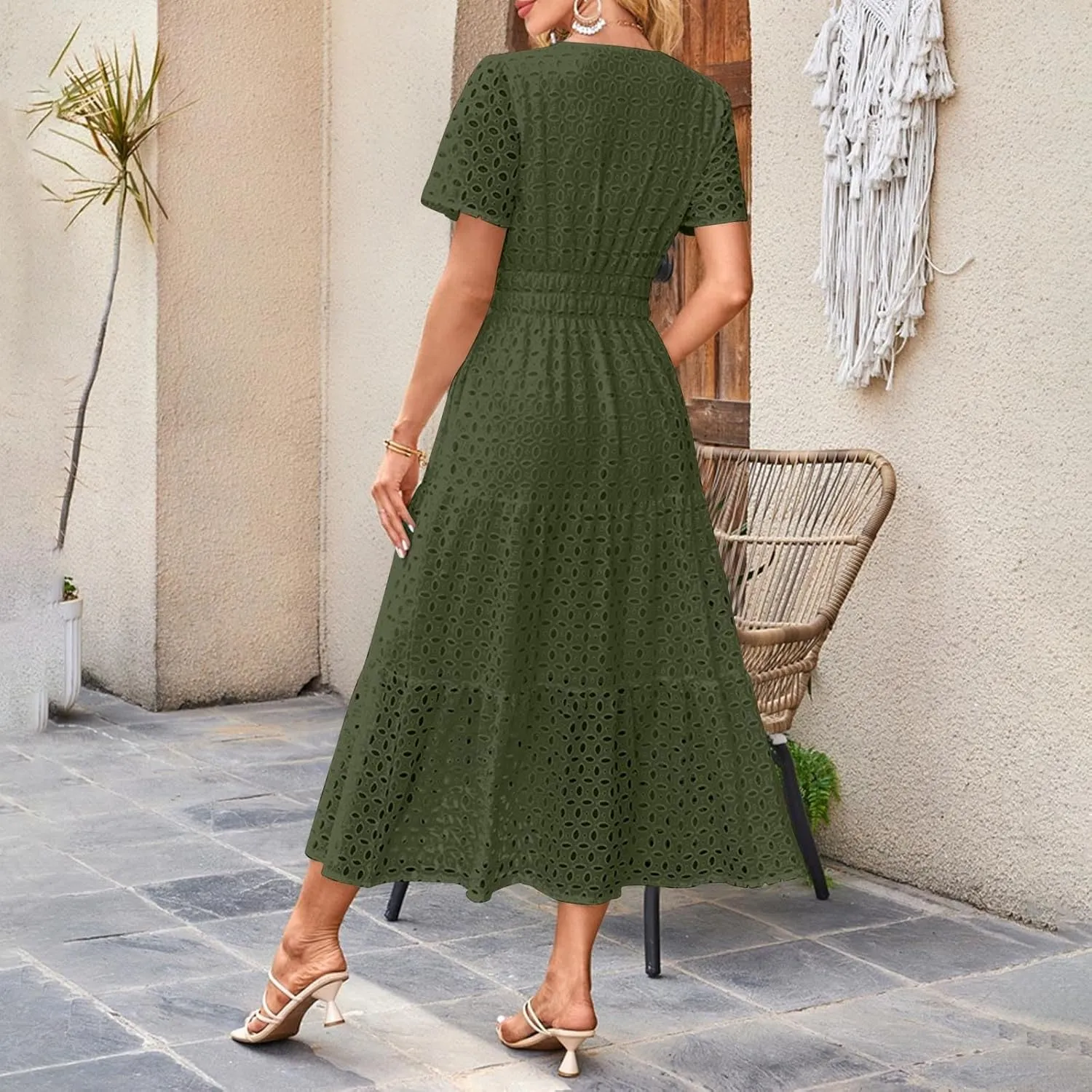 2025 Women's Summer Eyelet Dresses Short Sleeve Casual V Neck Hollow Out Tiered Ruffle Swing A-Line Maxi Long Dresses