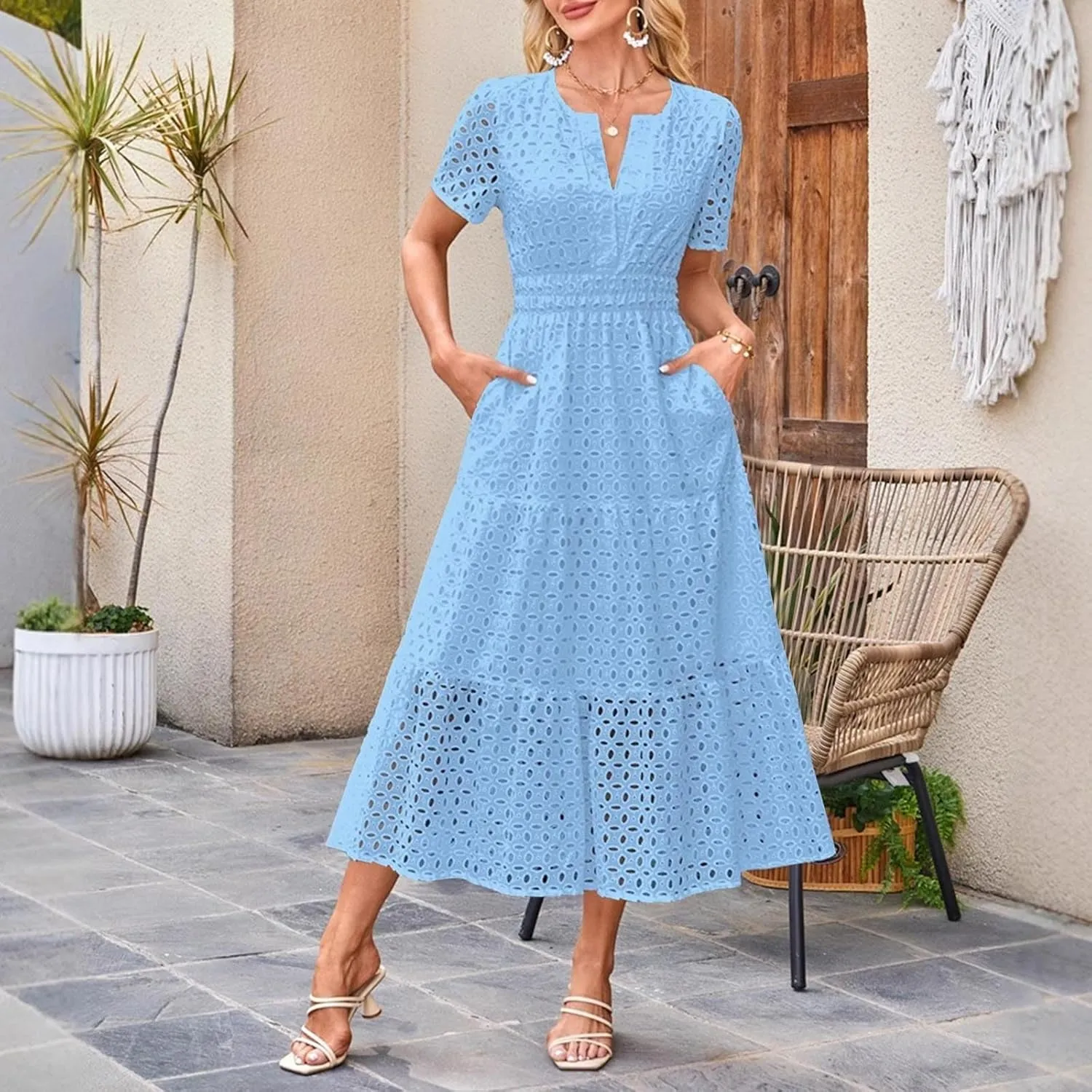 2025 Women's Summer Eyelet Dresses Short Sleeve Casual V Neck Hollow Out Tiered Ruffle Swing A-Line Maxi Long Dresses