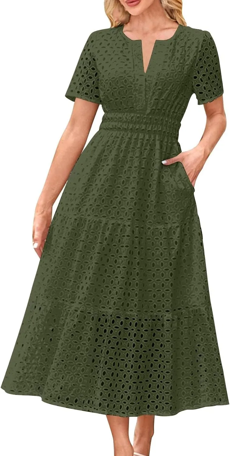 2025 Women's Summer Eyelet Dresses Short Sleeve Casual V Neck Hollow Out Tiered Ruffle Swing A-Line Maxi Long Dresses