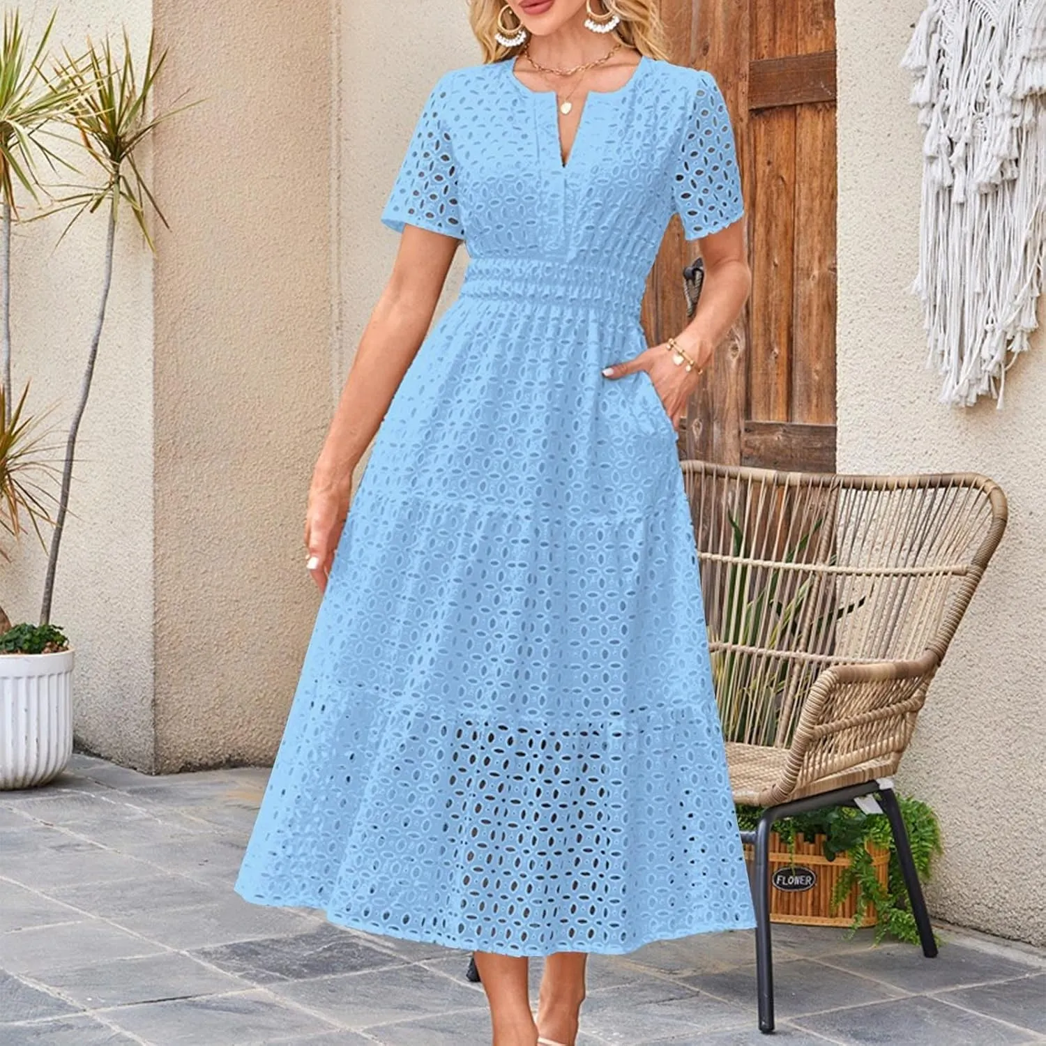 2025 Women's Summer Eyelet Dresses Short Sleeve Casual V Neck Hollow Out Tiered Ruffle Swing A-Line Maxi Long Dresses