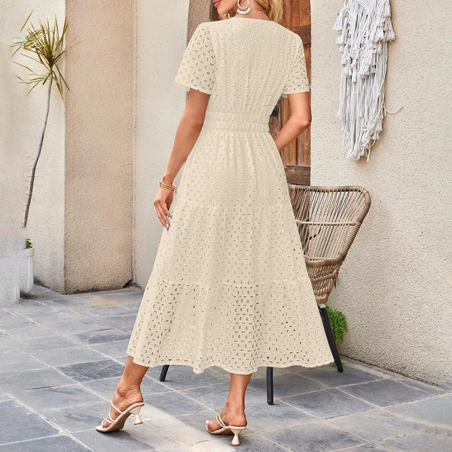 2025 Women's Summer Eyelet Dresses Short Sleeve Casual V Neck Hollow Out Tiered Ruffle Swing A-Line Maxi Long Dresses