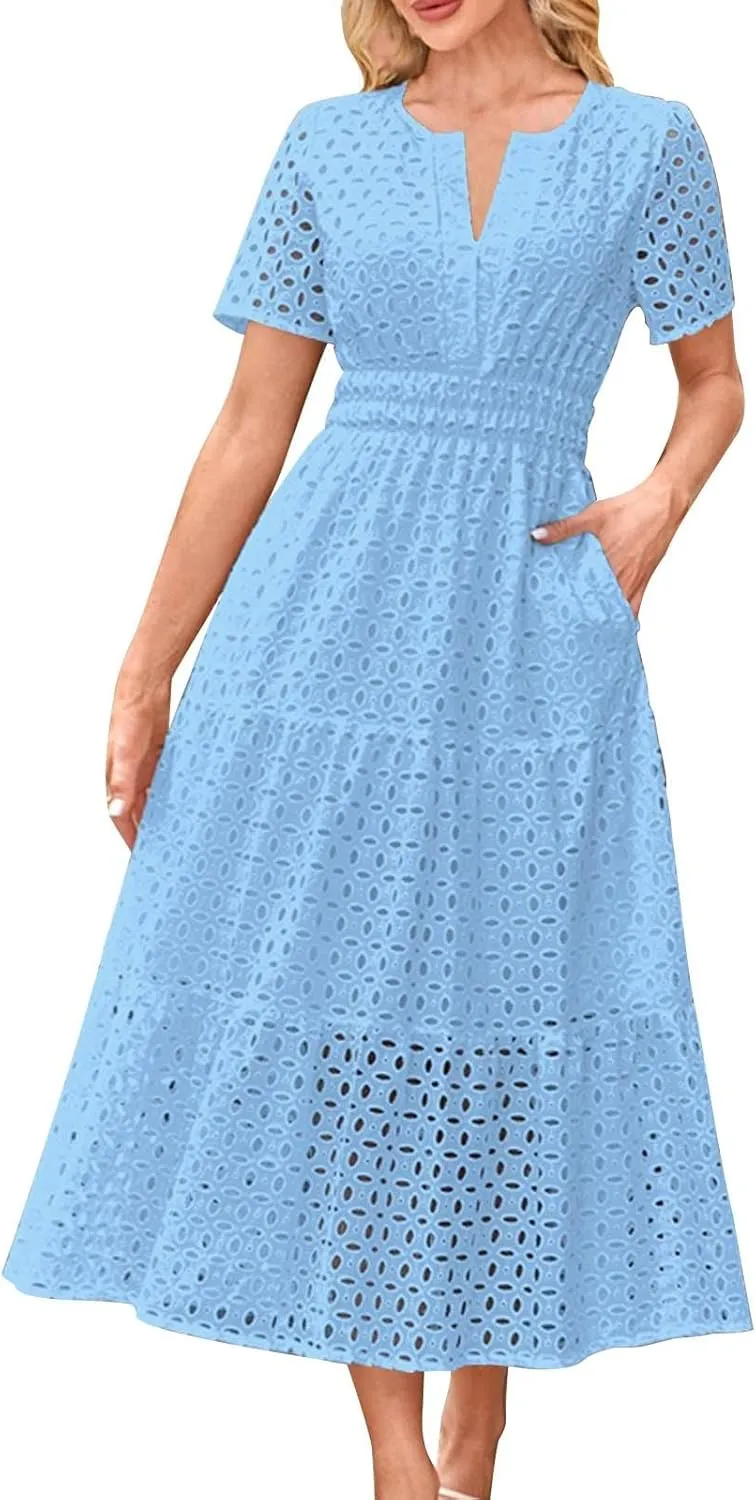 2025 Women's Summer Eyelet Dresses Short Sleeve Casual V Neck Hollow Out Tiered Ruffle Swing A-Line Maxi Long Dresses