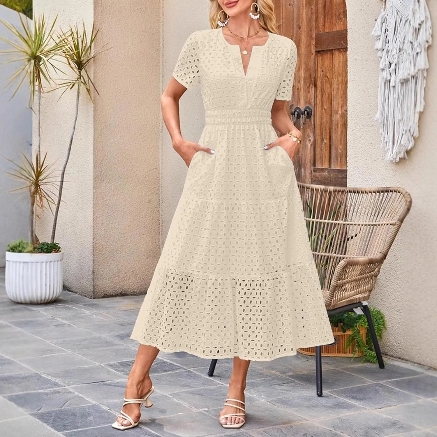 2025 Women's Summer Eyelet Dresses Short Sleeve Casual V Neck Hollow Out Tiered Ruffle Swing A-Line Maxi Long Dresses