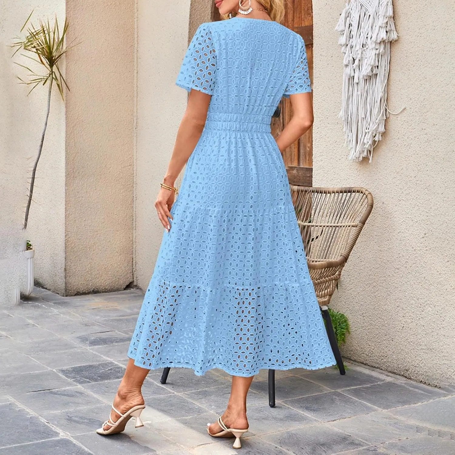 2025 Women's Summer Eyelet Dresses Short Sleeve Casual V Neck Hollow Out Tiered Ruffle Swing A-Line Maxi Long Dresses