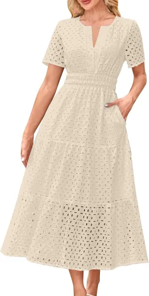 2025 Women's Summer Eyelet Dresses Short Sleeve Casual V Neck Hollow Out Tiered Ruffle Swing A-Line Maxi Long Dresses