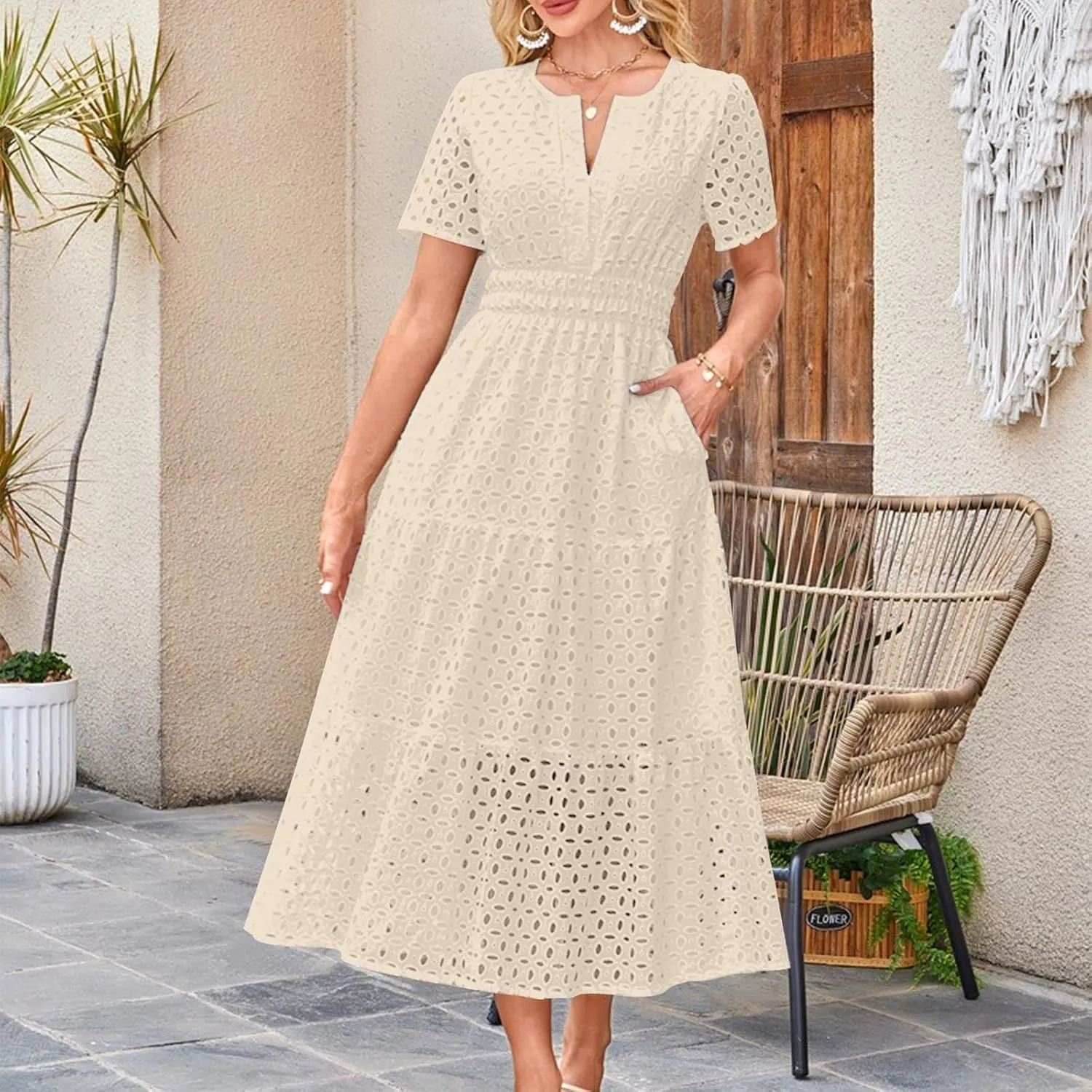 2025 Women's Summer Eyelet Dresses Short Sleeve Casual V Neck Hollow Out Tiered Ruffle Swing A-Line Maxi Long Dresses