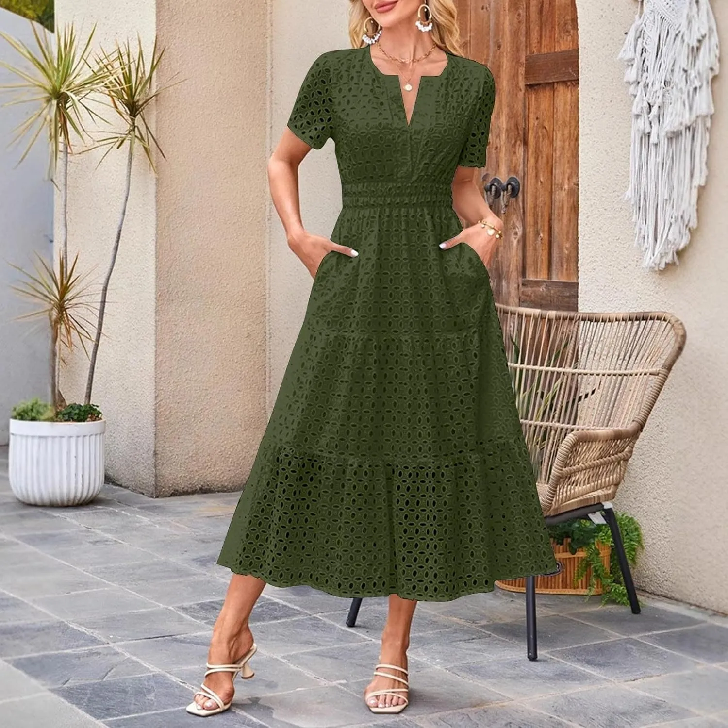 2025 Women's Summer Eyelet Dresses Short Sleeve Casual V Neck Hollow Out Tiered Ruffle Swing A-Line Maxi Long Dresses