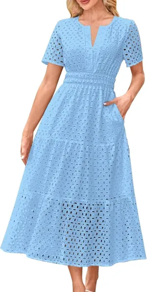 2025 Women's Summer Eyelet Dresses Short Sleeve Casual V Neck Hollow Out Tiered Ruffle Swing A-Line Maxi Long Dresses