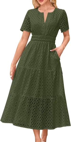 2025 Women's Summer Eyelet Dresses Short Sleeve Casual V Neck Hollow Out Tiered Ruffle Swing A-Line Maxi Long Dresses