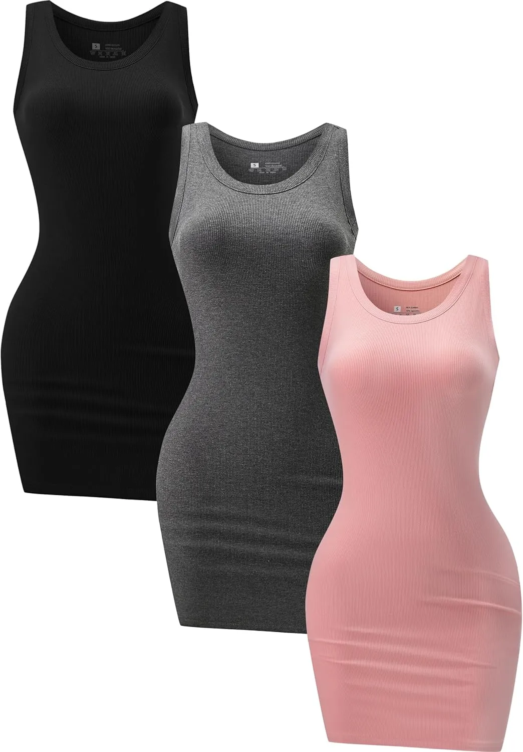 3 Piece Womens Summer Ribbed Tank Dress Scoop Neck Sleeveless Tank Top Dresses Basic Bodycon Mini Dress