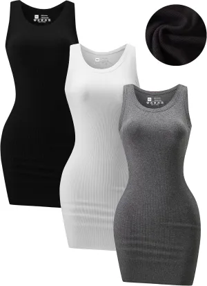 3 Piece Womens Summer Ribbed Tank Dress Scoop Neck Sleeveless Tank Top Dresses Basic Bodycon Mini Dress