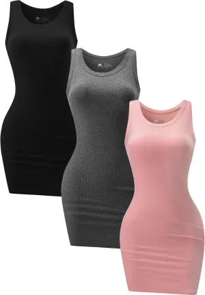 3 Piece Womens Summer Ribbed Tank Dress Scoop Neck Sleeveless Tank Top Dresses Basic Bodycon Mini Dress