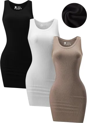 3 Piece Womens Summer Ribbed Tank Dress Scoop Neck Sleeveless Tank Top Dresses Basic Bodycon Mini Dress