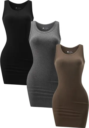 3 Piece Womens Summer Ribbed Tank Dress Scoop Neck Sleeveless Tank Top Dresses Basic Bodycon Mini Dress