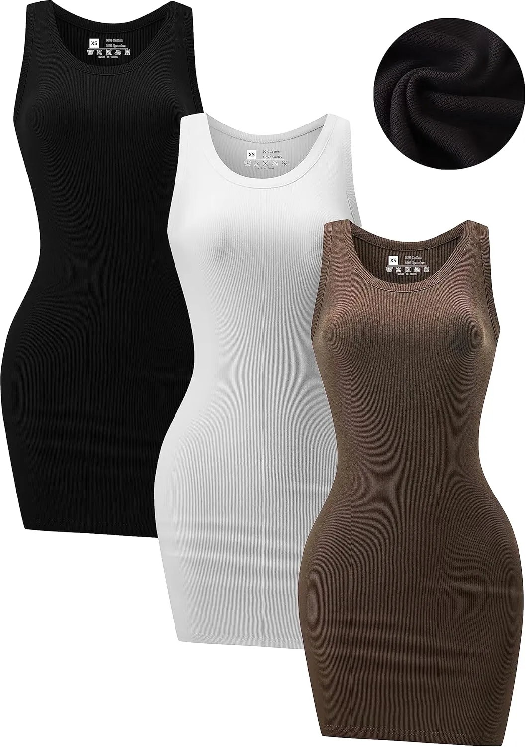 3 Piece Womens Summer Ribbed Tank Dress Scoop Neck Sleeveless Tank Top Dresses Basic Bodycon Mini Dress