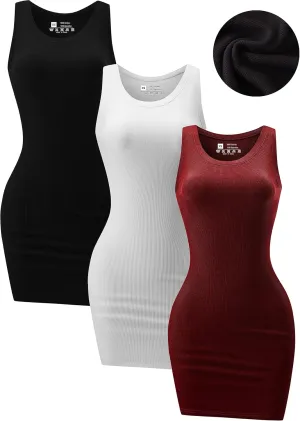 3 Piece Womens Summer Ribbed Tank Dress Scoop Neck Sleeveless Tank Top Dresses Basic Bodycon Mini Dress