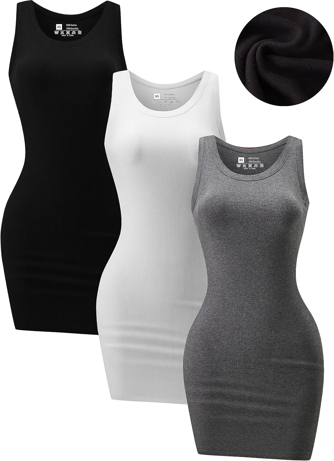 3 Piece Womens Summer Ribbed Tank Dress Scoop Neck Sleeveless Tank Top Dresses Basic Bodycon Mini Dress