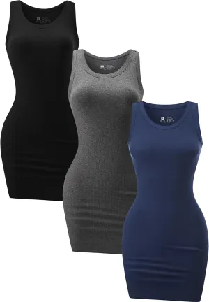 3 Piece Womens Summer Ribbed Tank Dress Scoop Neck Sleeveless Tank Top Dresses Basic Bodycon Mini Dress