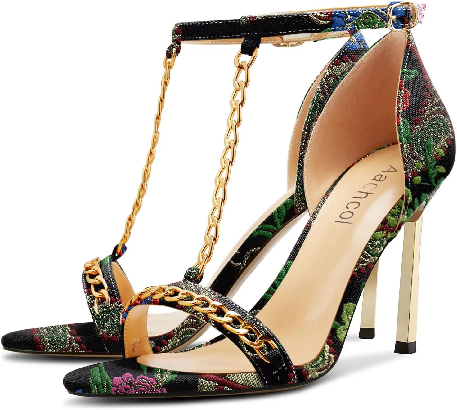 Aachcol Womens Stiletto High Heel Peep Open Toe Sandals T-strap Ankle Strap Metal Chain Prom Denim Cute Summer Shoes