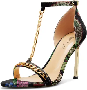 Aachcol Womens Stiletto High Heel Peep Open Toe Sandals T-strap Ankle Strap Metal Chain Prom Denim Cute Summer Shoes